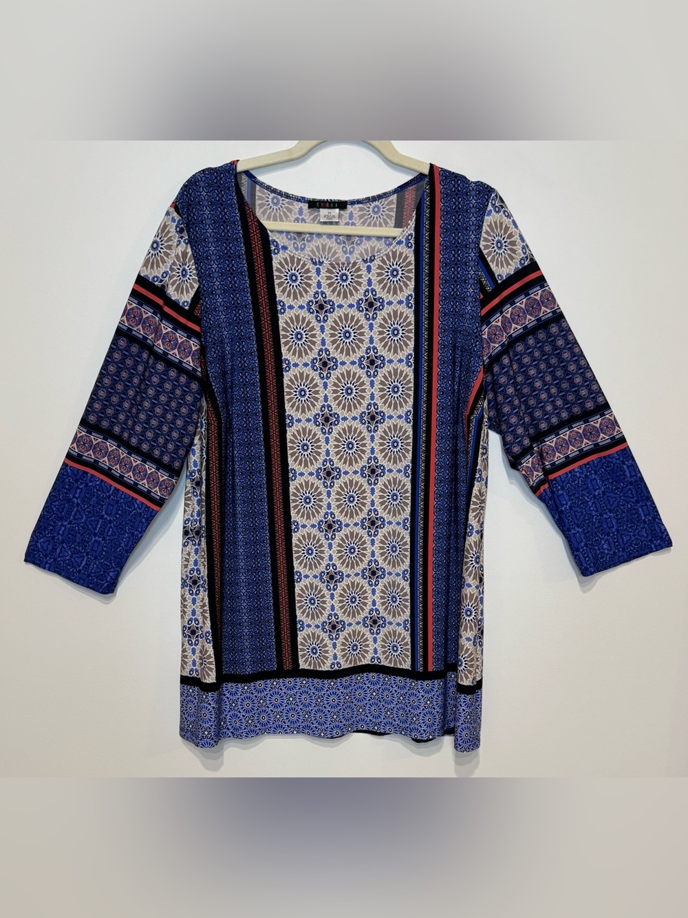 Cyrus Plus Women's Colorful Geometric Pattern Tunic Blouse 3/4 Sleeves Size 2X